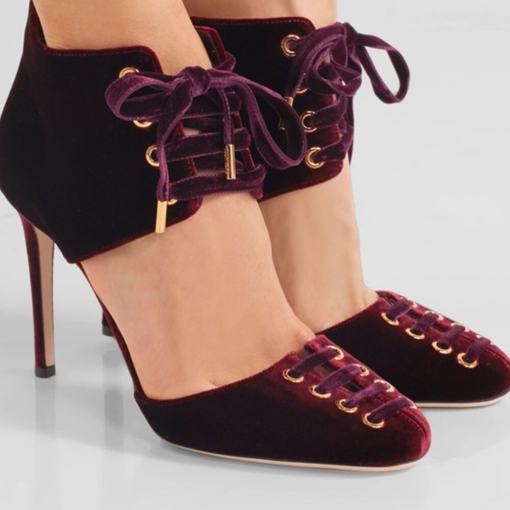 JIMMY CHOO MARI Burgundy Wine Velvet Lace-Up Pumps- SZ IT 36.5 - Picture 2 of 10